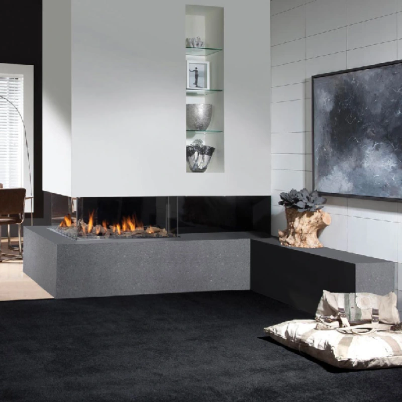 modern interior featuring a black fireproof carpet and a sleek, grey stone-clad fireplace