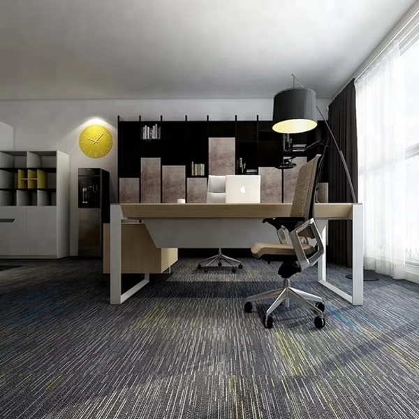 Linear patterned gray carpet in a home office