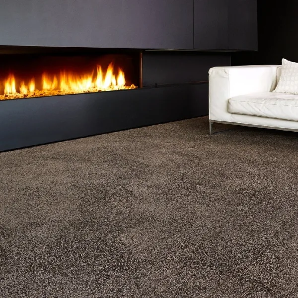 Brown textured fireproof carpet in a hotel lounge by a fireplace.