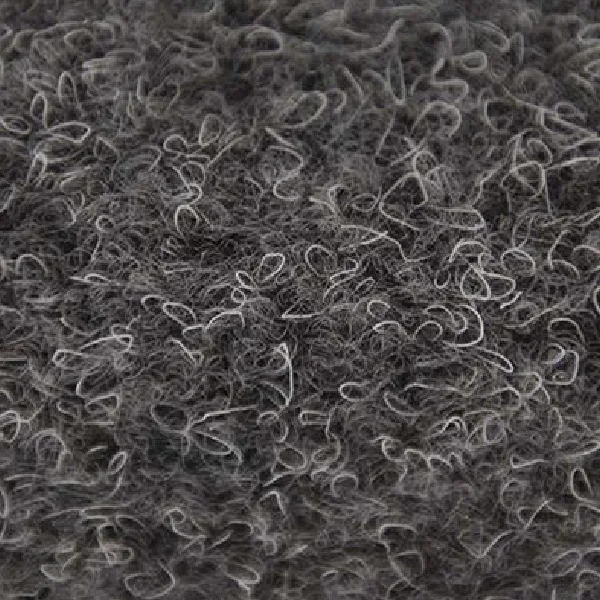 Charcoal grey high-pile shag carpet with a dense, curly loop texture.