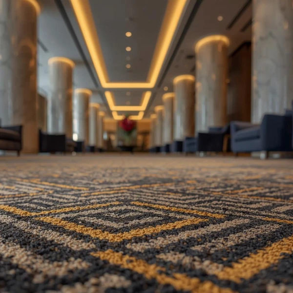 Geometric patterned hotel corridor carpet in gold and charcoal grey.