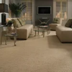 Grey and tan fireproof carpet tiles in a contemporary office setting.