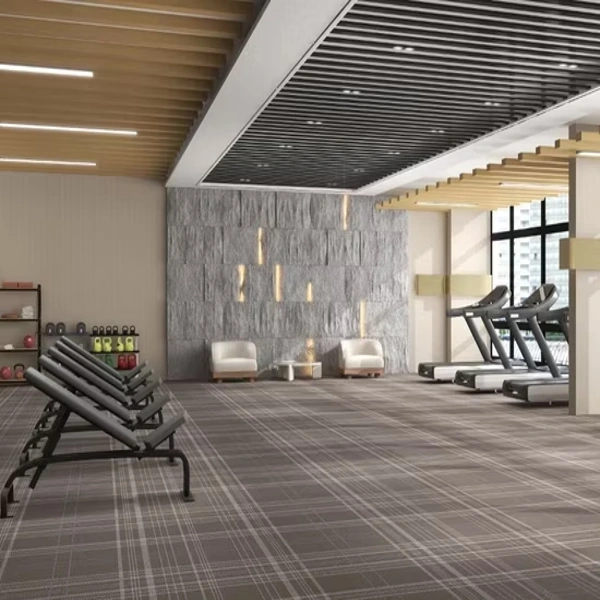 Plaid patterned gray carpet in a modern gym