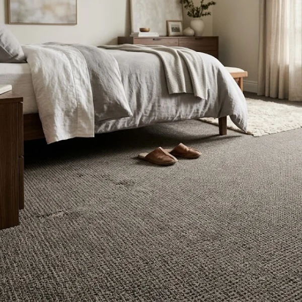 Taupe wool loop bedroom carpet with a subtle linear texture.
